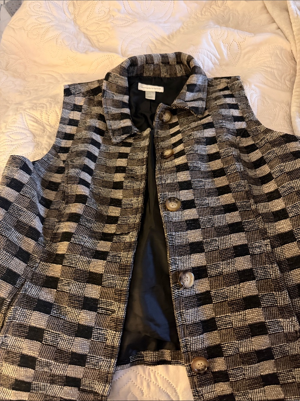 Christopher & Banks Black and Gray Checked Button-Front Vest